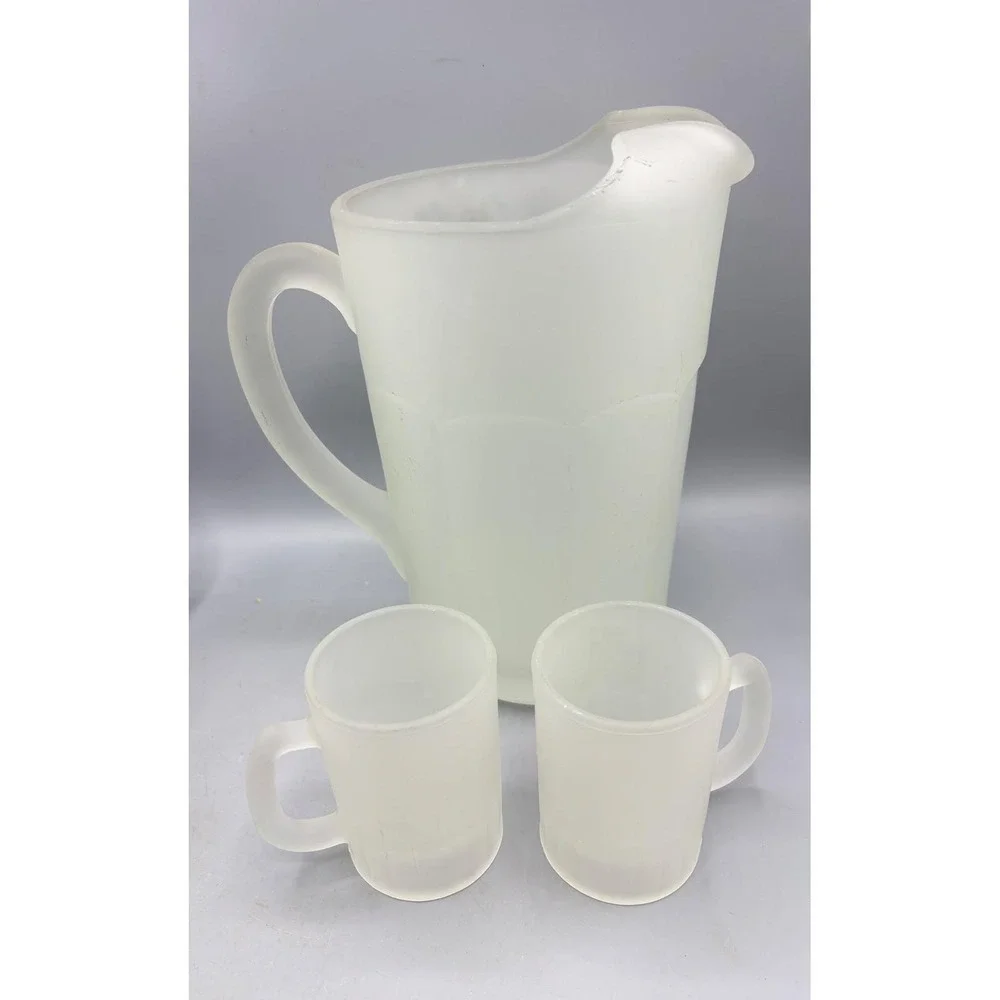 Vtg Tiara Indiana Frosted Glass Pitcher 2 Mug‎ Set White Satin Glass Tankard